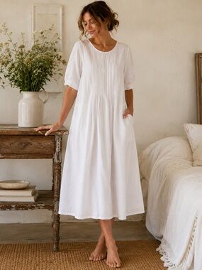 White Pintuck Cottagecore Midi Dress | Romantic Heirloom Prairie Lounge Dress